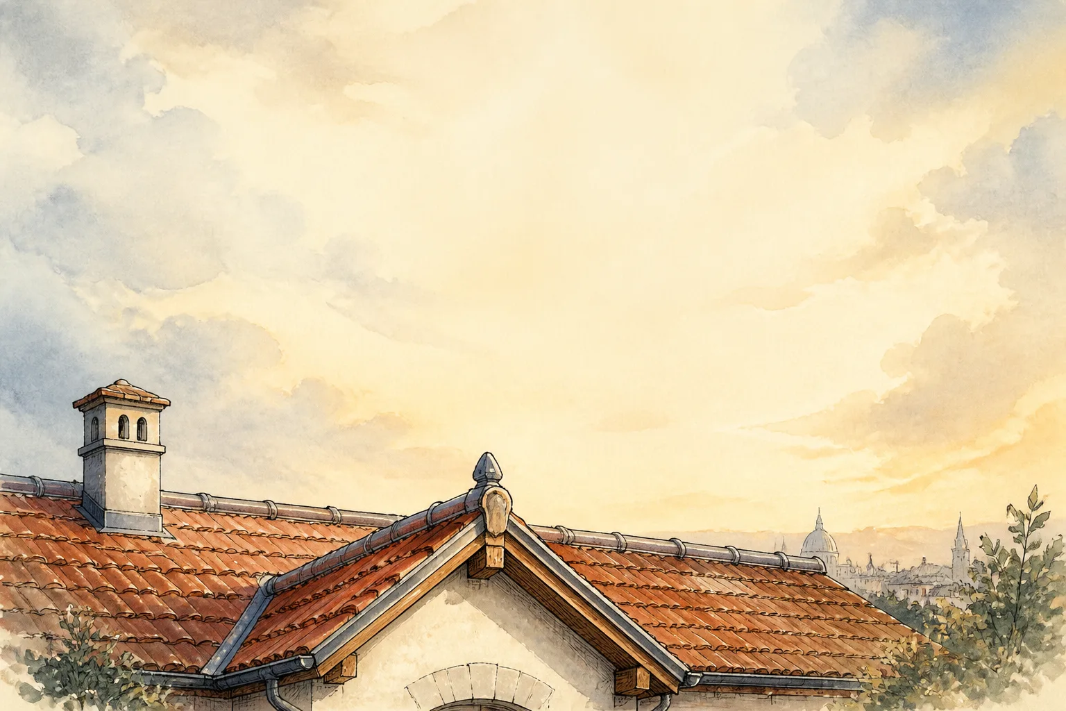 Illusztrált terrakotta tetőgerinc, kéménnyel, meleg égbolttal